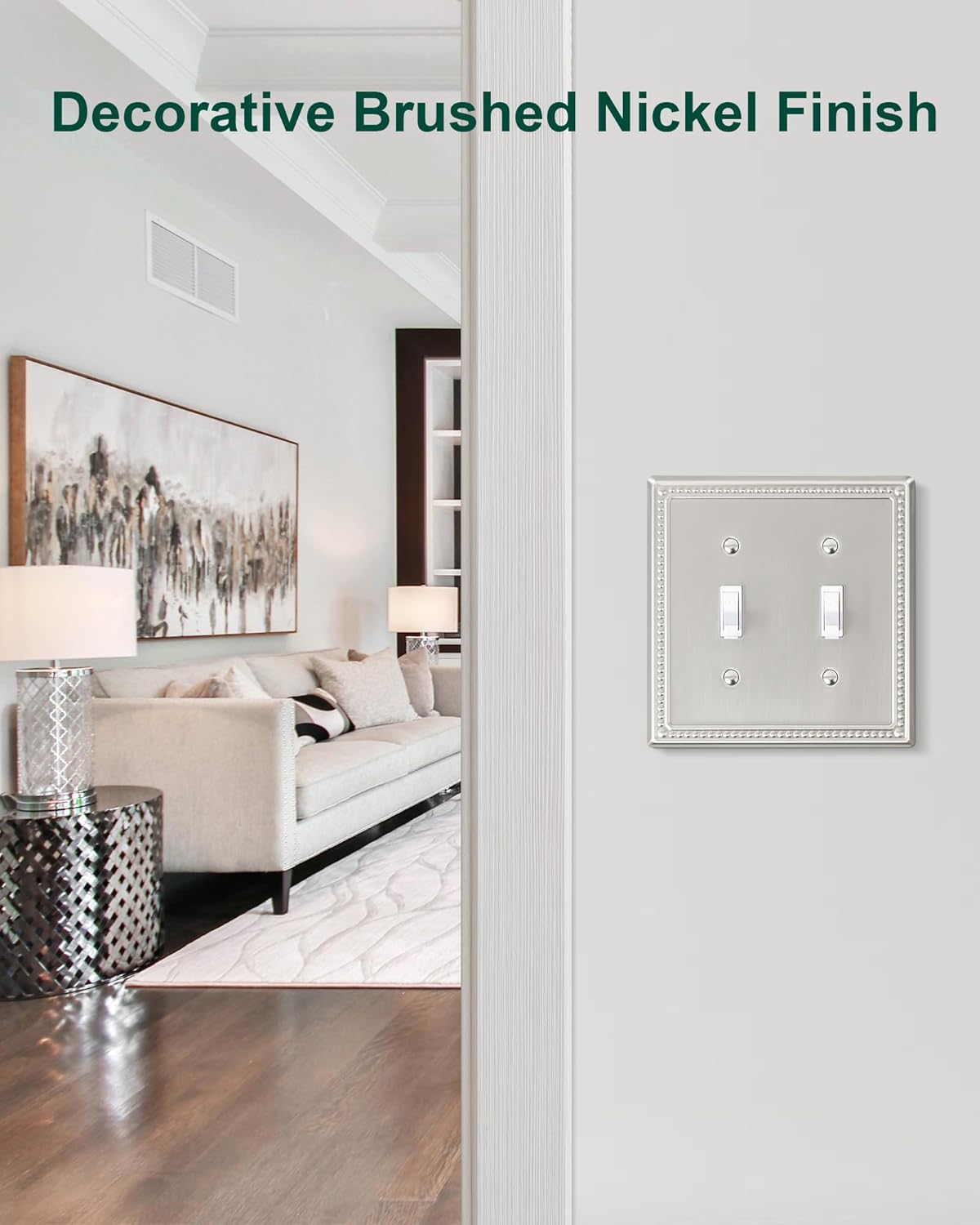 2-Pack Double Toggle Light Switch Cover Plate, Pearls Decorative Dual Switch Plate Covers, Brushed Nickel 2 Gang Metal Wall Plate, Corrosion Resistant