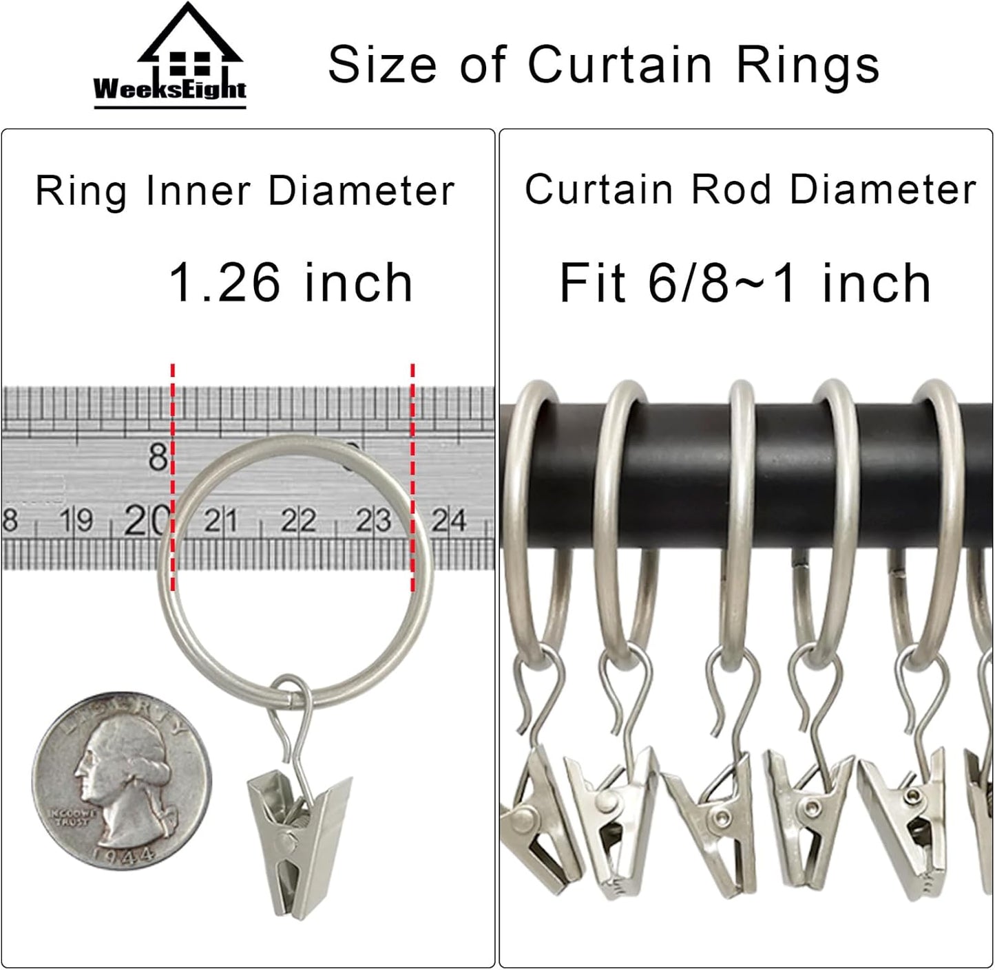 100 Pack Matte Silver Curtain Rings with Clips, Curtain Hooks Hangers Clip Rings for Hanging Drapes Bows Hat, Drapery Rings 1.26 in I D, Fits up to 1 in Diameter Curtain Rod.