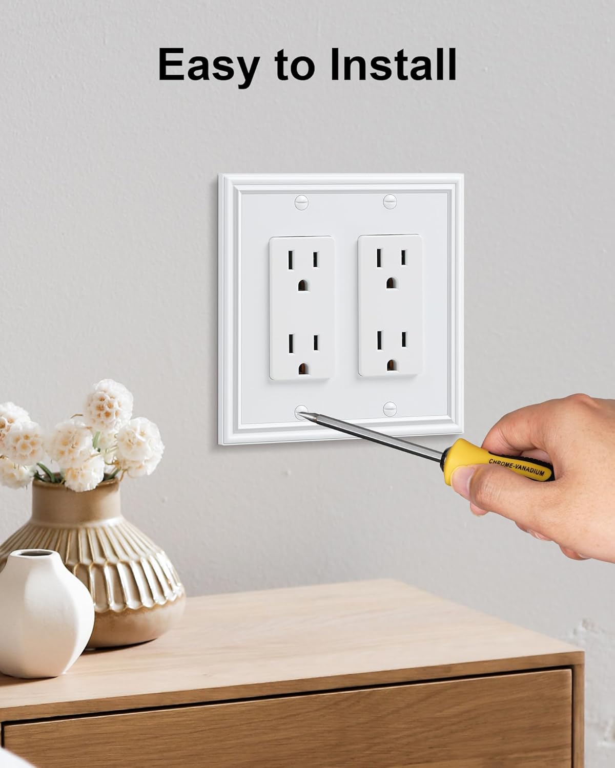 2-Pack Decorative Double Decorator Outlet Cover Plate, Durable Zinc Alloy Pure White Wall Plates for Electrical Outlets, Receptacle, GFCI Outlet, Dimmer Switch, 2-Gang, Corrosion Resistant