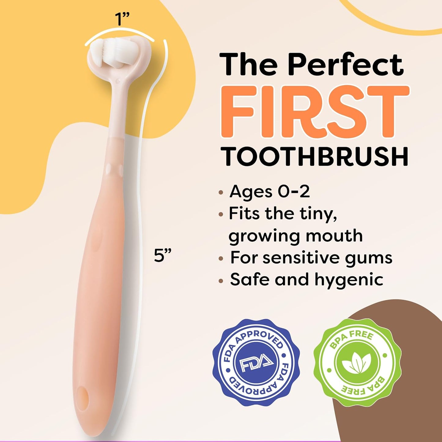 Trueocity Extra Soft Toddler Toothbrush, Toddler Toothbrushes 1-2 2-4, Toothhugger High Efficient 3 Sides Baby Toothbrush 12 Months and Up, Infant Training Brush, 10,000 Ultra-Soft bristles (Apricot)