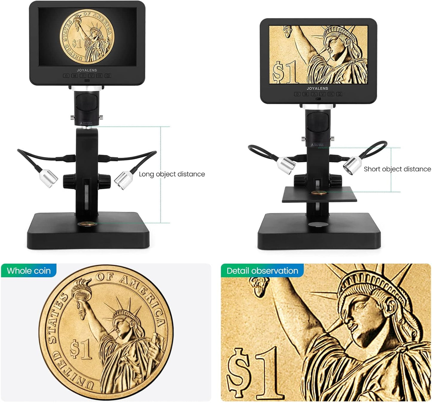 JL246P 3 Lens 7'' LCD Digital Microscope 1000X, Biological Microscope with Prepared Slides for Adults and Kids,12MP for Coin Microscope Full Coin View, 32G Card, Multiple Lights