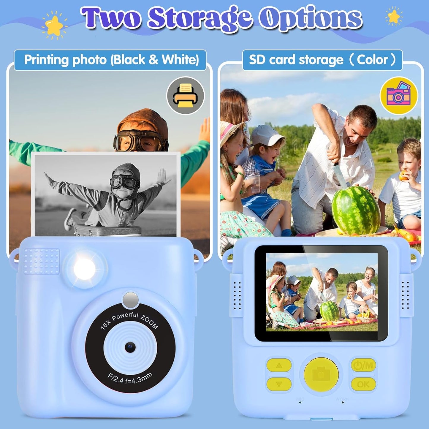Instant Print Camera for Kids - 2.4 Inch Kids Camera Instant Print with Paper & 32G Card- Digital Children Toys as Christams Birthday Gifts for Girls Boys Age 3-12 - Blue