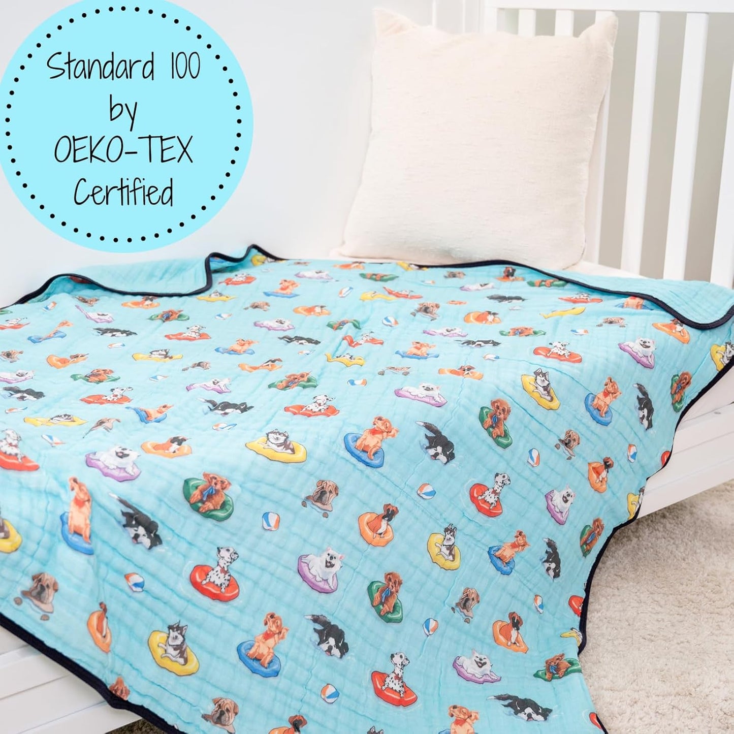 LollyBanks Muslin Blanket 100% Organic Cotton, Summer Muslin Quilt Lightweight, 6 Layers Baby Blankets 47"x 47", Toddler Blanket for Boy and Girl, Nursery Receiving Blankets (Swimming Dogs Print)