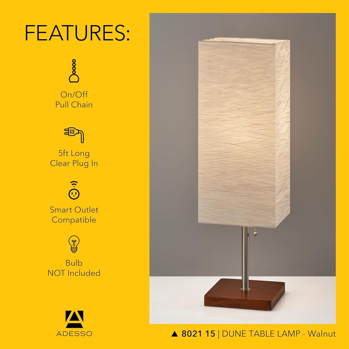 Adesso 26” Table Lamp with Walnut Wood Base, Brushed Steel Finish & Crinkle Paper Shade – Perfect Lighting for Bedroom, Living Room and Corner Decor, Beige