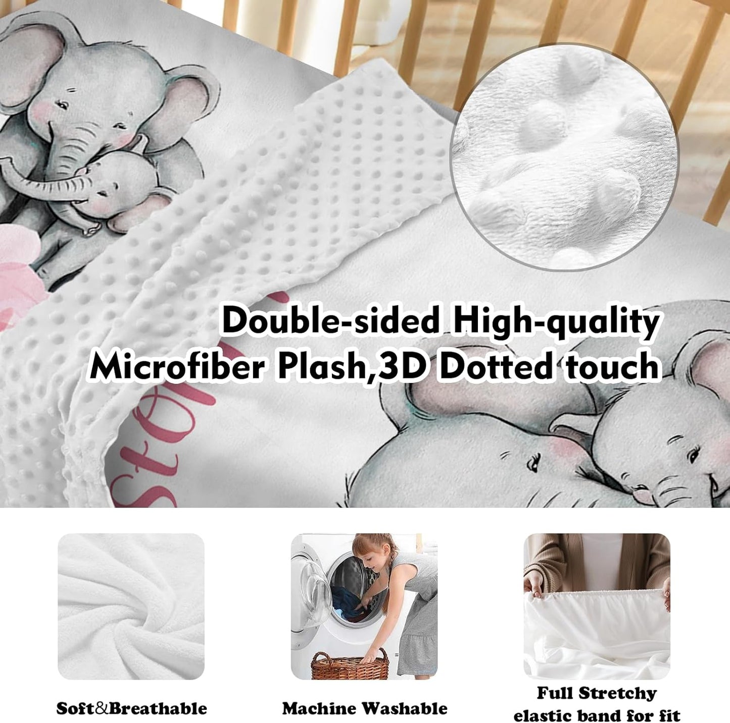 Personalized Baby Crib Bedding Set for Baby Girls, Pink Flower Elephant Design Custom Name Baby Crib Sets 5-Pcs, Toddler Double Layer Blanket Fitted Sheets Changing Pad Cover Rug Wall Art Set