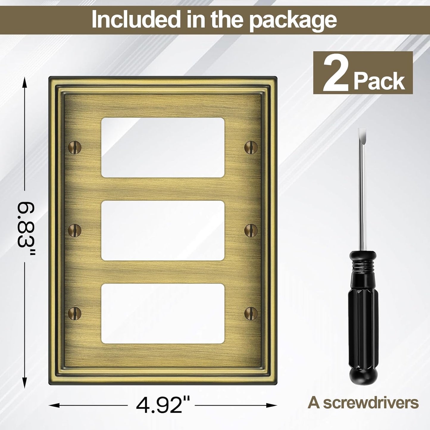 2 Pack Triple Decorator Switch Covers Wall Plate, Antique Brass Metal Material Rocker Switch Plates, 3 Gang Wall Plate for Receptacle, GFCI Outlet, Dimmer Switch - Classic Style