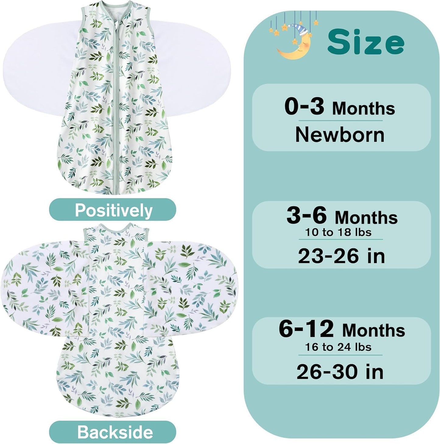 Newborn Sleep Sack Baby Swaddle,Swaddle me 6-12 Month,3-Way Adjustable Wearable Blanket,100% Rayon Cotton Swaddling Sleeping Bag，TOG 0.5 (Leaf, 6-12 Months)