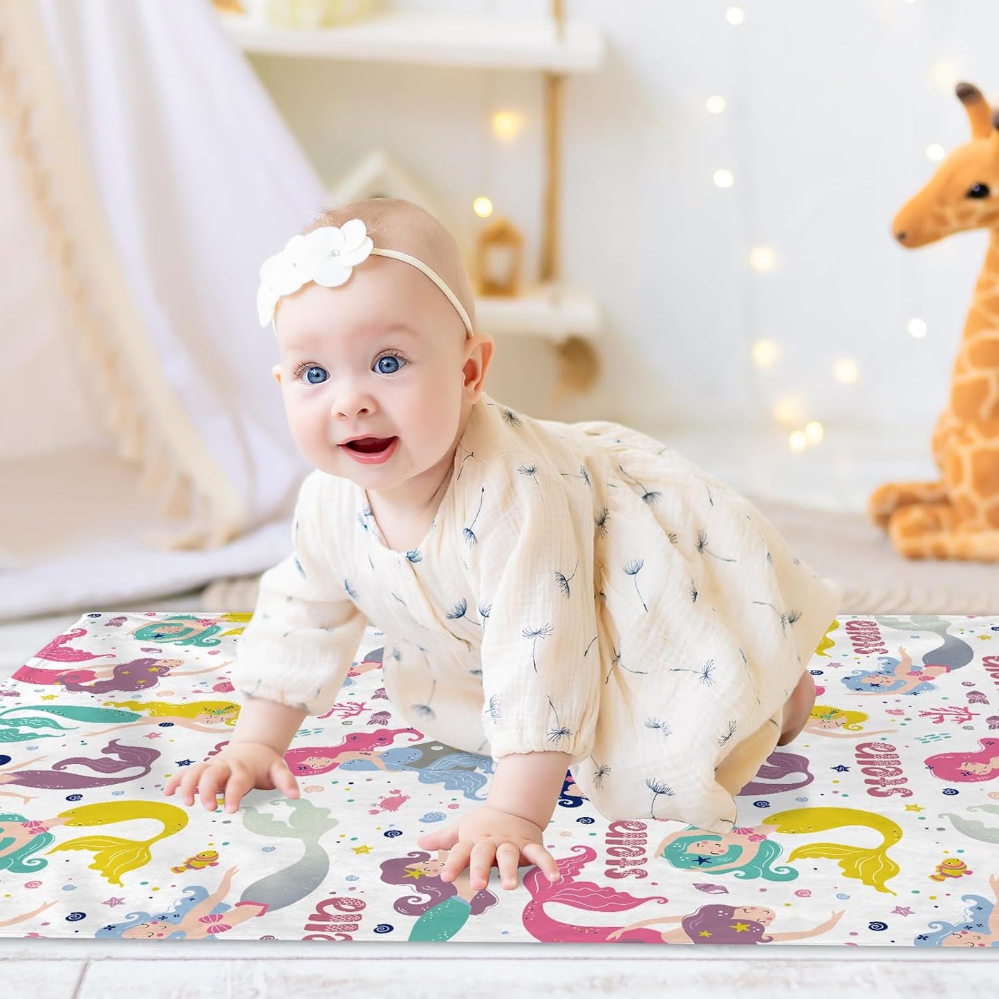 Personalized Baby Blanket with Name, Custom Mermaids Name Blanket Toddler Girls Soft Flannne Swaddling Blankets Customized Monogram Memorial Gift from Nana for Infant Newborn Shower