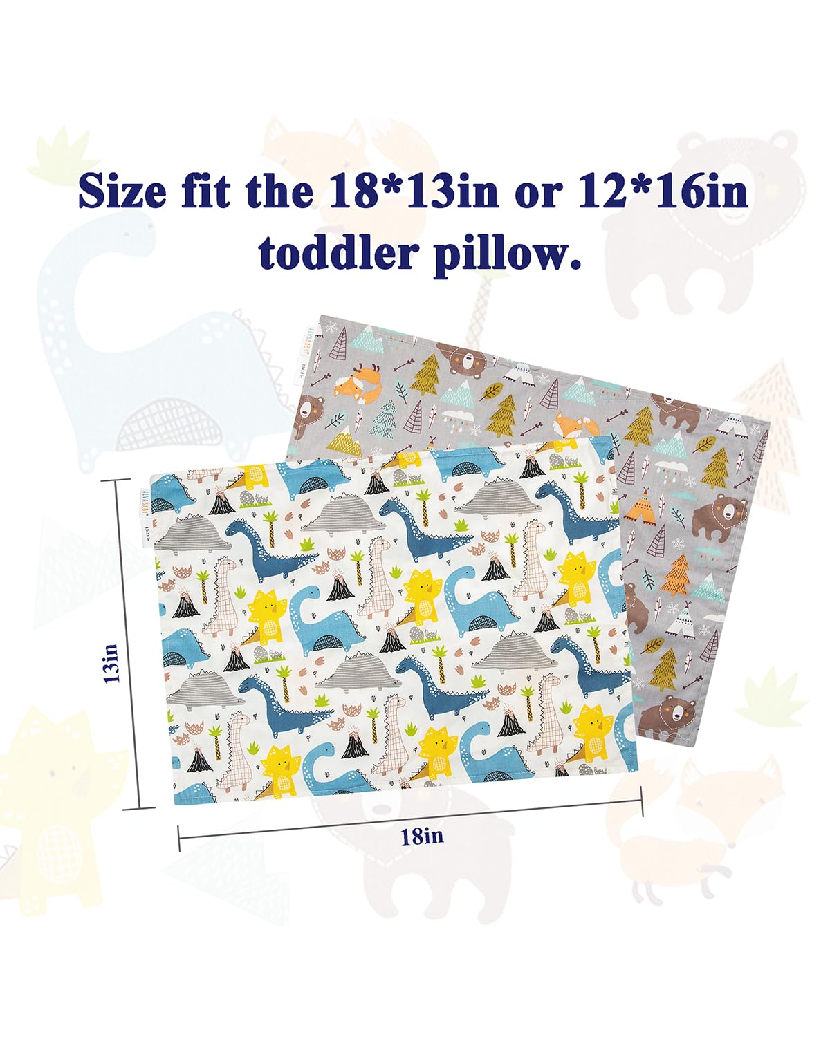 ALVABABY Toddler Pillowcases 2 Pack Organic Cotton Kids Pillow Cover Fit 13"x 18" or 12"x16" Envelope for Girl Boy Sleepy Travel Dinosaur Bear