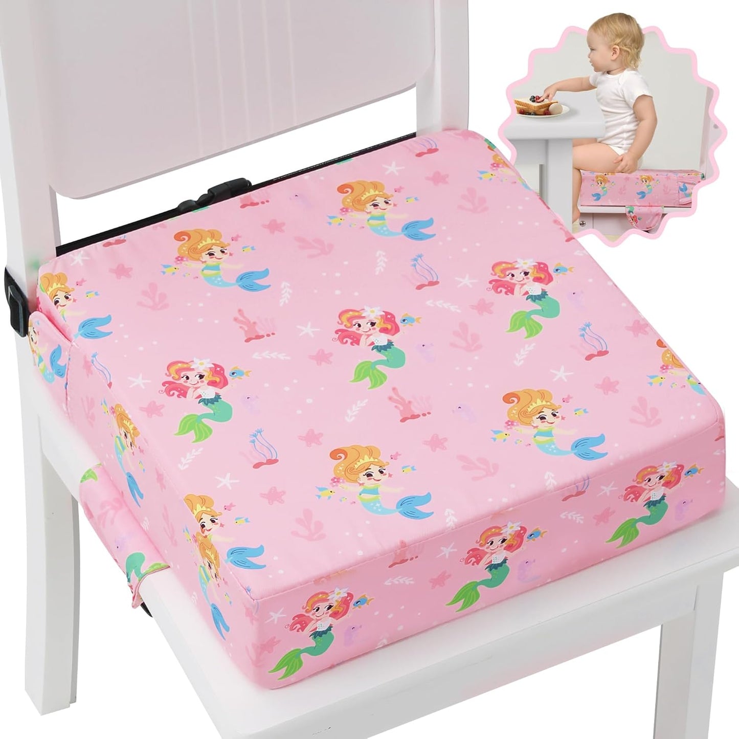 Booster Seat for Kitchen Chair with Adjustable Straps, Toddler Booster Seats for Dining Table Portable for Travel Camping Eating, Booster Cushion for Table for Baby Child Infant Kid Boy Girl