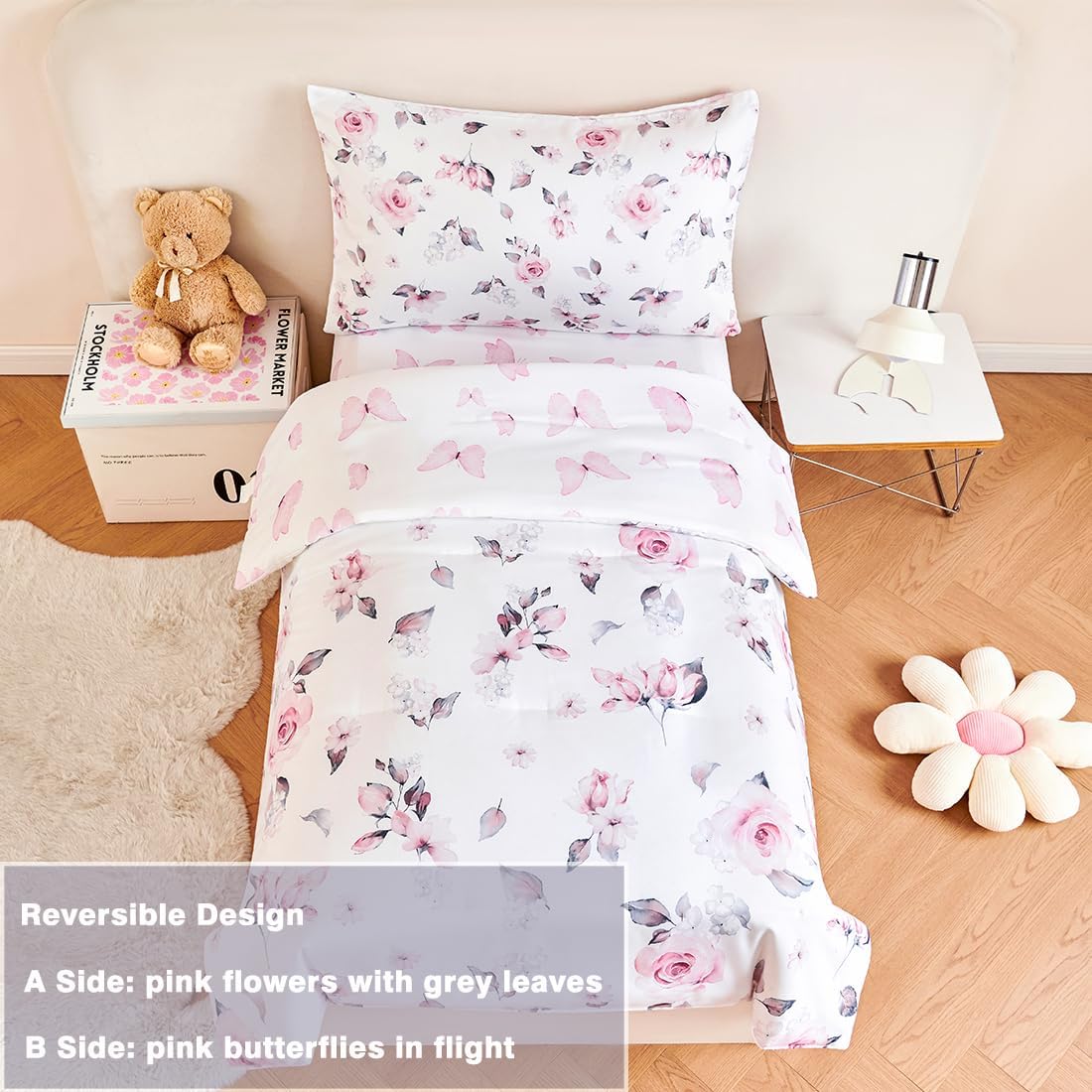 PERFEMET Floral Toddler Bedding 4-Piece Pink Flower Toddler Girls Comforter with Sheet Set Reversible Butterfly Crib Bed Sets-Comforter, Fitted Sheet,Flat Sheet,Pillowcase