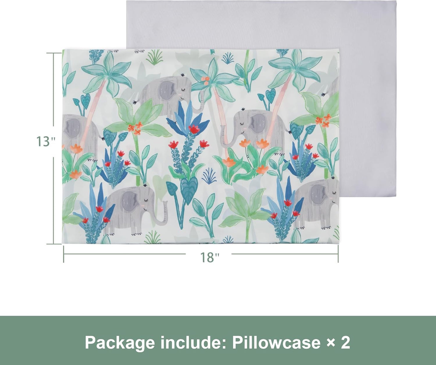 TILLYOU Toddler Pillowcases 13 x 18 Travel Pillow Case 2 Pack, Kids Pillowcases Machine Washable with Envelope Closure, Rainforest Elephant & Grey