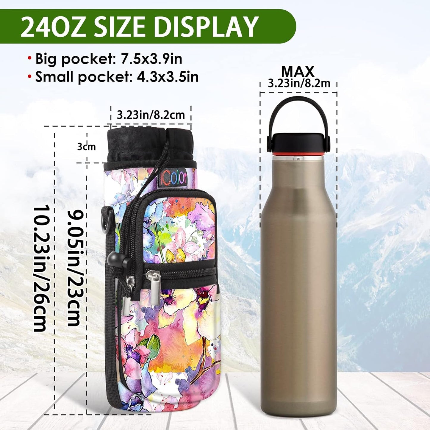 icolor Water Bottle Carrier Bag with Strap 25/32/40 oz Crossbody Bottle Holder with Phone Pocket Sling Sleeve Insulated Neoprene Water Bottle Pouch for Walking Travelling