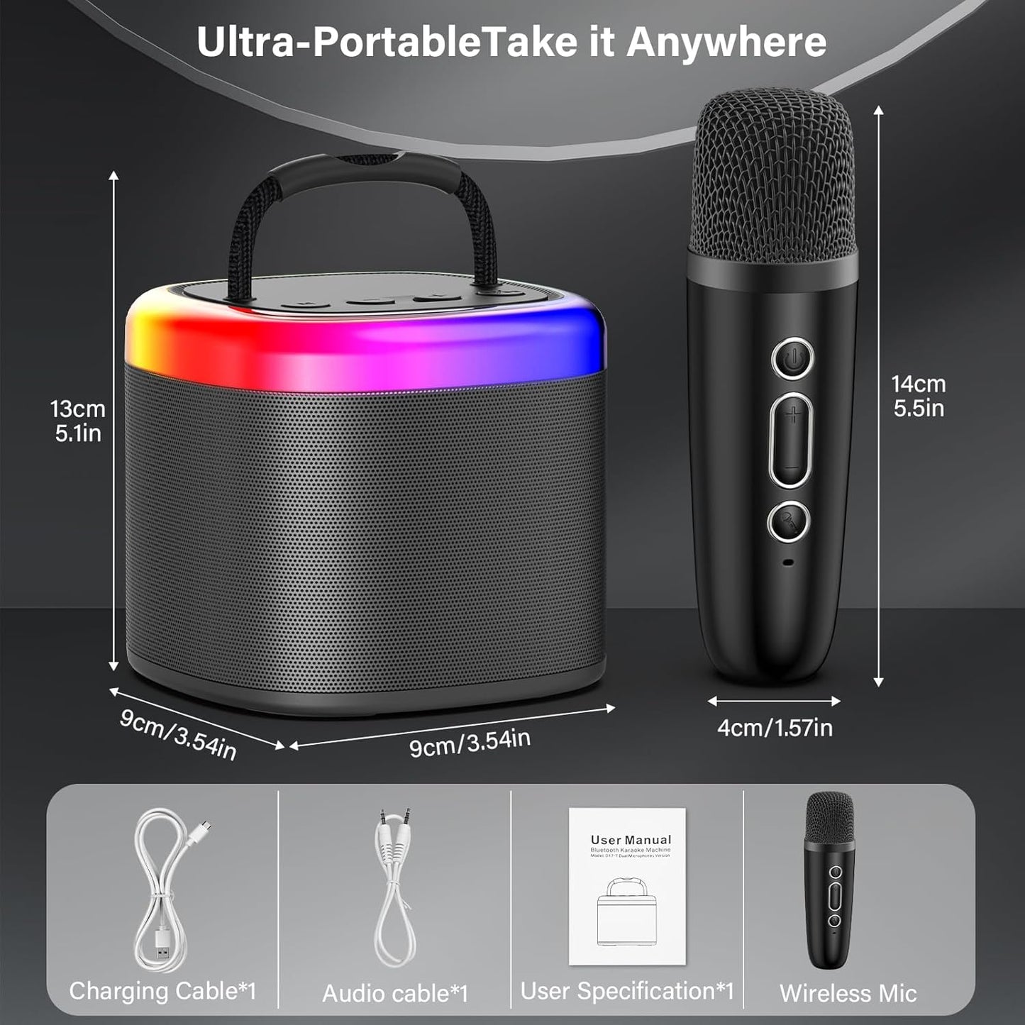 JYX Mini Karaoke Machine for Kids - Black Bluetooth Speaker Unpowered Cabinets with Party Lights and 1 Wireless Microphone, Great for Adults, Ideal for Family Home Parties and Birthday Gifts
