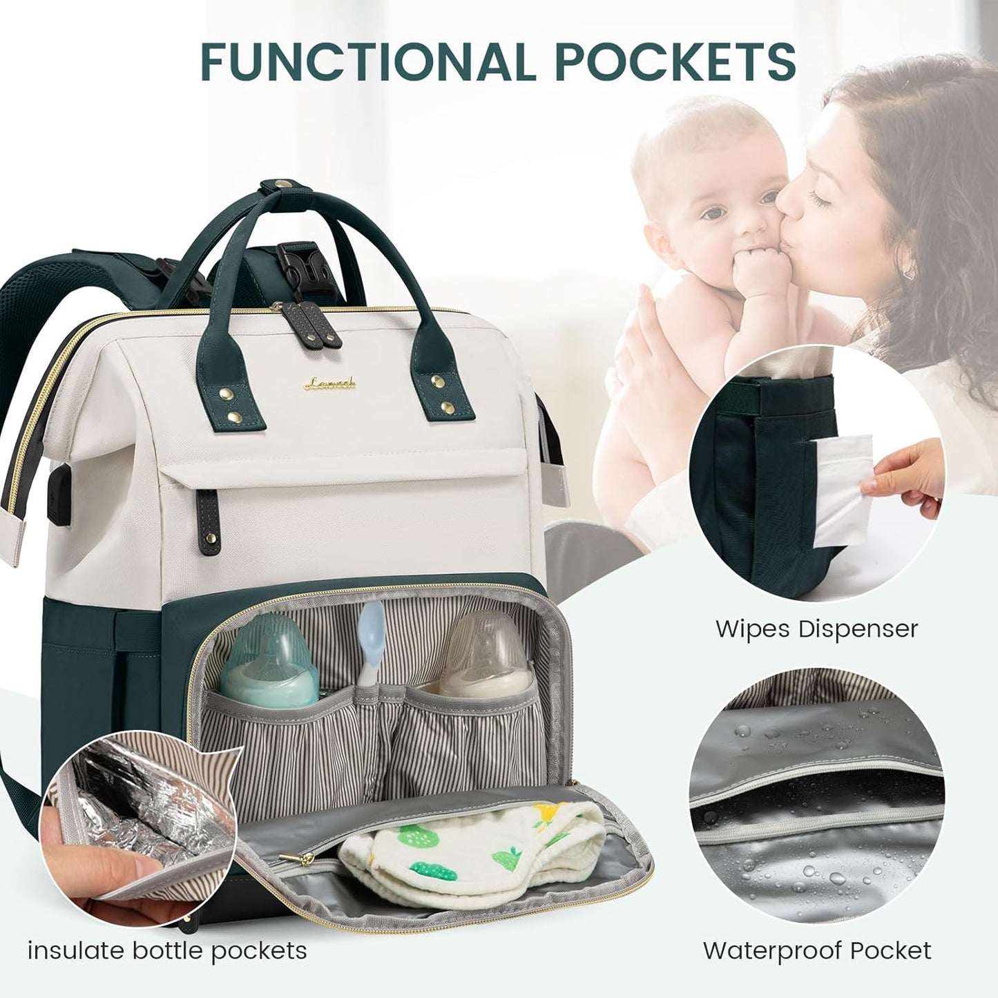 LOVEVOOK Diaper Bag Backpack, Baby Bag with Changing Station, Large Diaper Backpack for Moms Dads, Waterproof Leather Accents Baby Boy and Girl Bag for Travel Baby Essentials, Dark Green-Beige
