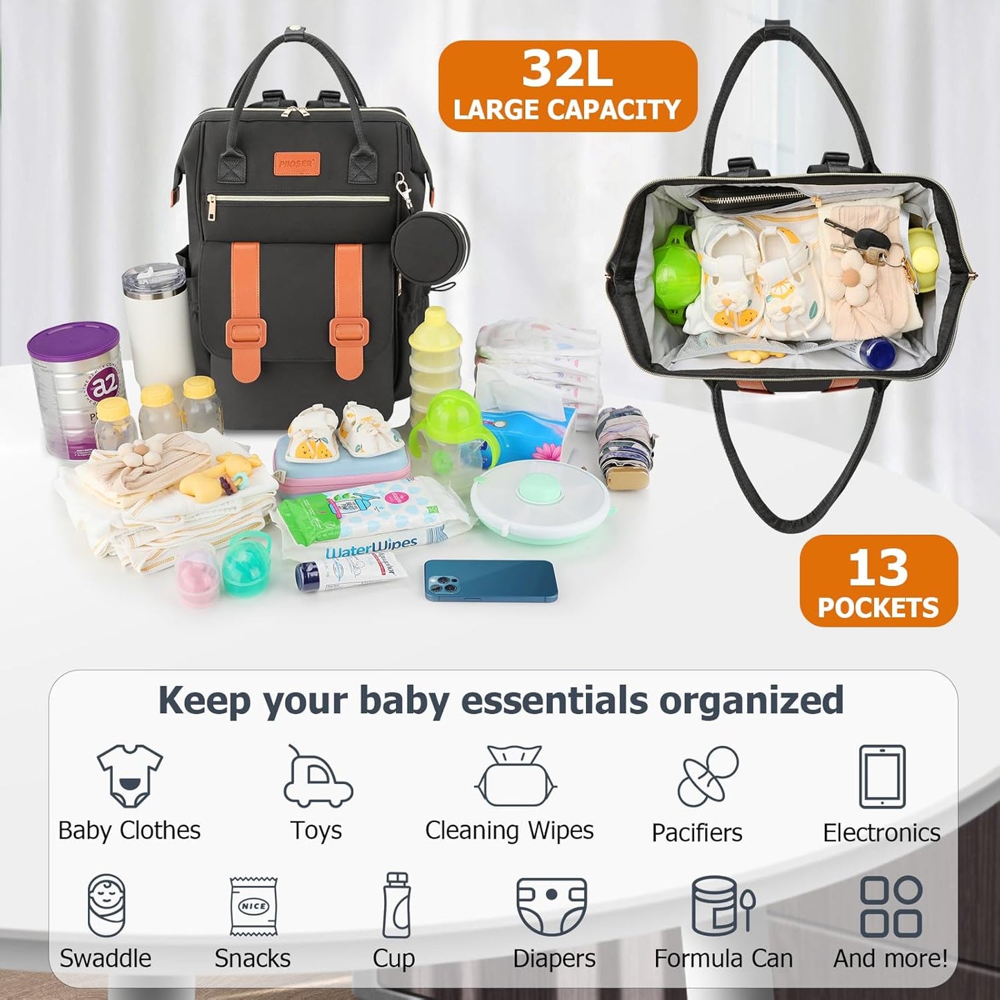 PIIOSER Diaper Bag Tote with Ice Pack, Large Capacity & Waterproof Diaper Bag Backpack for Moms Dads, Insulated Baby Tote Bag with Changing Pad, Stroller Straps & Pacifier Case, Black
