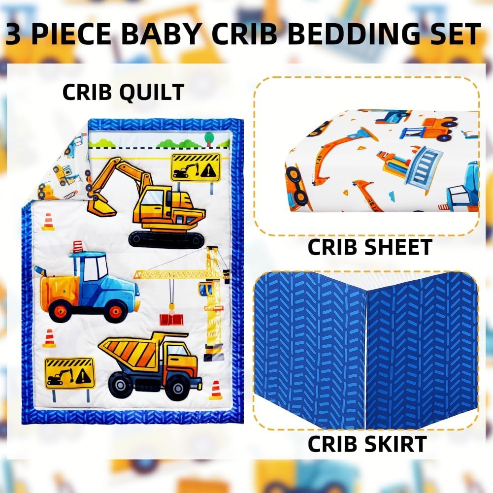 3 Piece Baby Boy Crib Bedding Set Construction Theme Baby Comforter Set for Crib Nursery Bed Set Decor with Fitted Crib Sheet, Comforter and Skirt for Boys Girls (Construction)