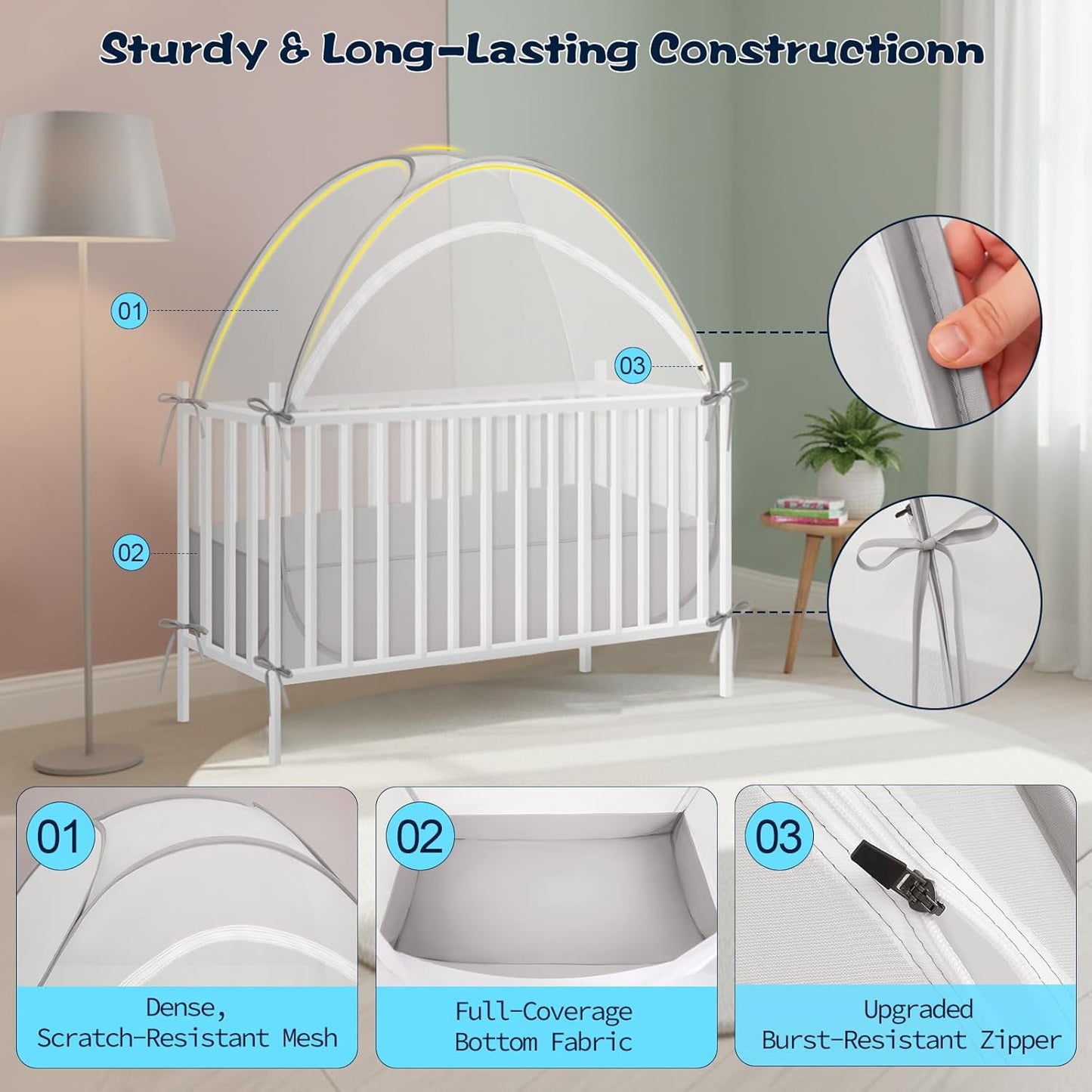 Akiky Large Pop Up Mosquito Net Crib Tent to Keep Baby from Climbing Out Baby Girl Netting Cover Canopy for Naps at Home&Traveling(Gray)