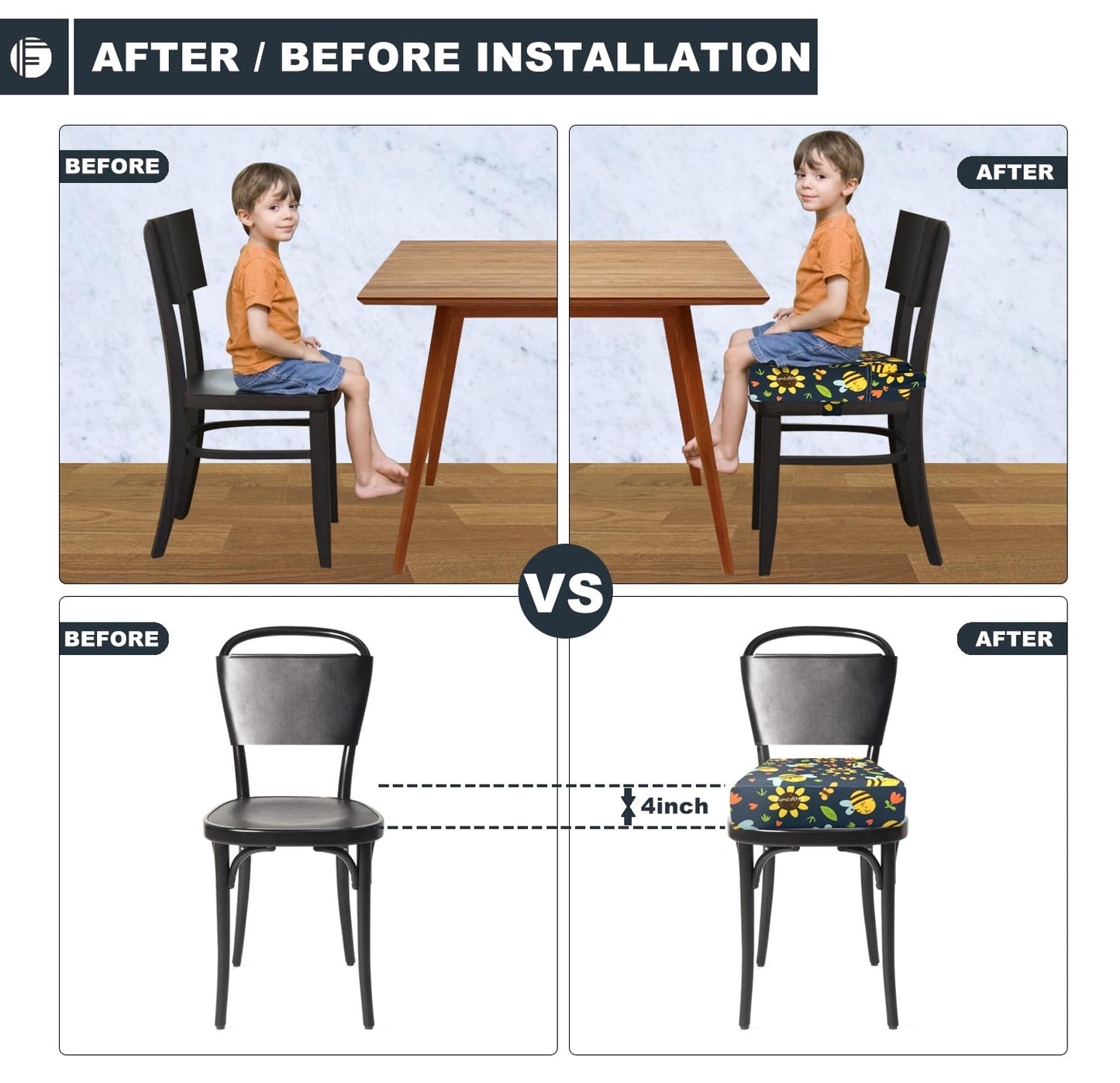 Toddler Booster Seat for Dining Table, Portable Booster Seat for Kitchen Chair, 4 Inch High-Density Foam Cushion with Adjustable Safety Straps and Non-Slip Bottom, Perfect for Kids Travel and Daily
