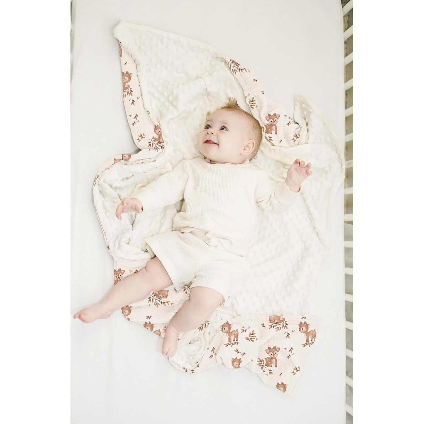 Konssy Baby Blankets for Unisex Boys Girls, Super Soft Nursery Minky Blankets with Muslin Cotton Front and Dotted Fleece Backing, Printed Bed Throws Newborn