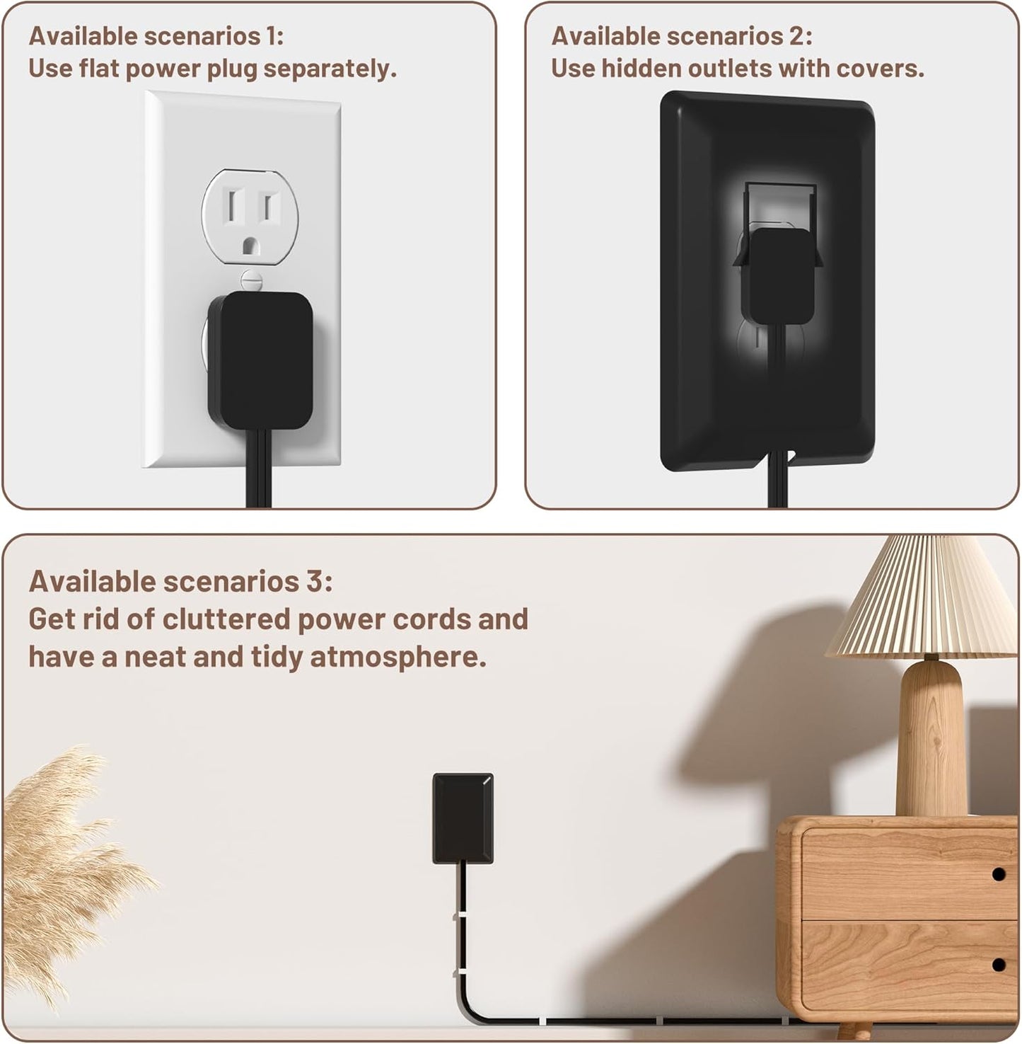 8FT Flat Plug Extension Cord with Cord Concealer Kit,3 Outlet Power Strip,Wall Extension Cord with Flat Plug for Baby Protection,Universal Size for Home,Bathroom with ETL Listed,Black