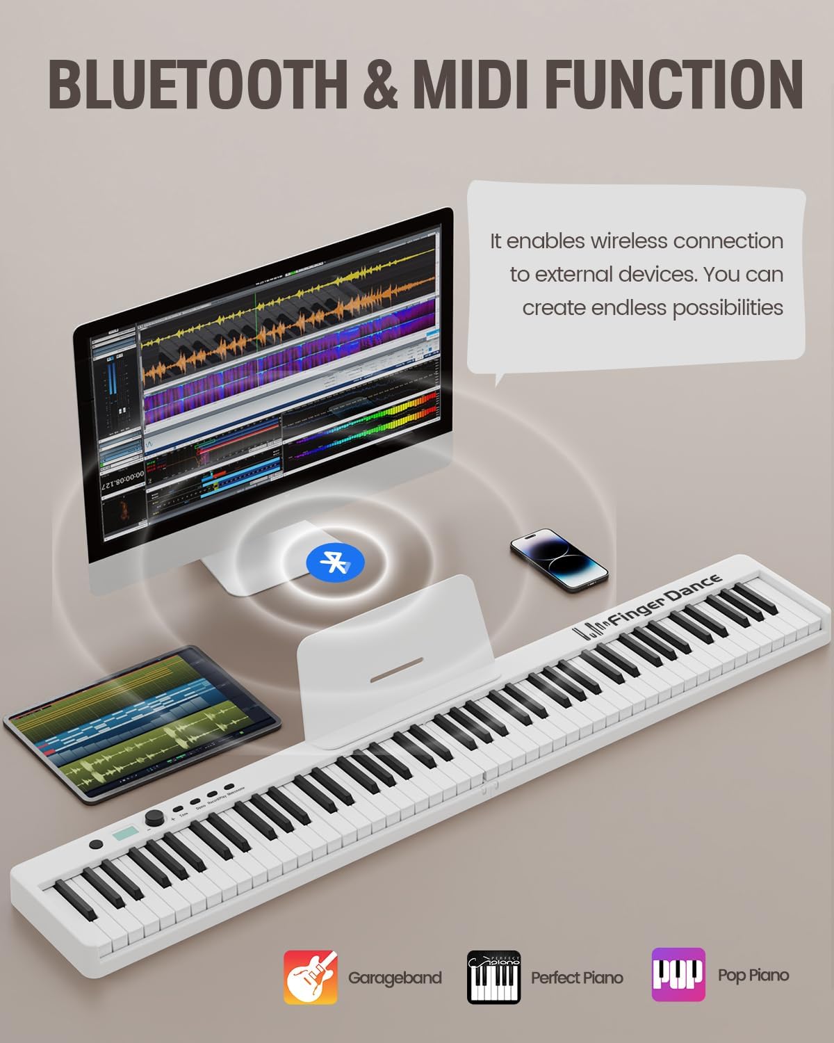 Finger Dance Folding Piano Keyboard 88 Keys, Portable Electric Keyboard with Bluetooth MIDI, Full Size Digital Piano, Wood Grain, Semi-Weighted, Touch Sensitive, with Storage Bag for Beginner