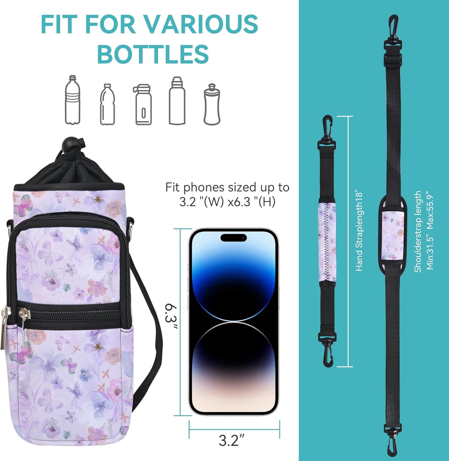 25/32/40/64oz Water Bottle Bag Holder Carrier-Insulated Crossbody Sling Case Sleeve with Strap & Pockets for Men Women Gym Cycling Travel Walking Hiking Camping