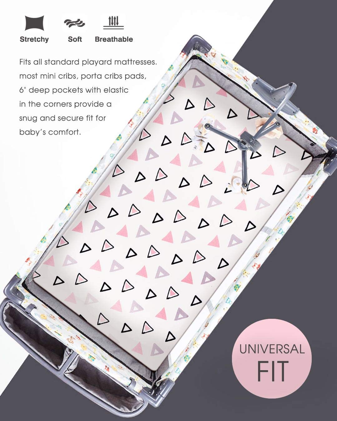 Stretchy Ultra Soft Jersey Knit Fitted Pack n Play Playard Sheets Set 2 Pack, Fits Portable/Mini Cribs Sheets, Playards Mattress Pads, Pink Simple Triangle/Dream Unicorn for Girls