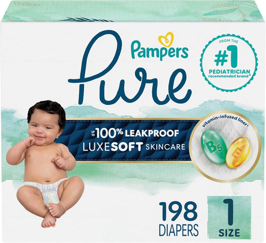 Pampers Pure Protection Baby Diapers, Size 1 (8-14 lbs), 198 Count, Up to 100% Leakproof, Premium Plant-Based Skin Protection, Hypoallergenic Soft Diapers