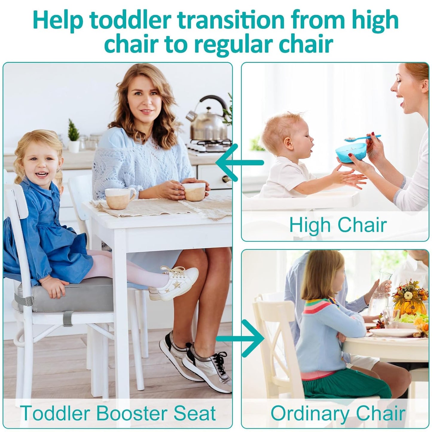 Toddler Booster Seat for Dining Table, Stronger Support Non-Slip Bottom Booster Seat for Kitchen Chair 2 Adjustable Straps Portable Travel and Home Increasing Booster Cushion Kid Baby(Grey)