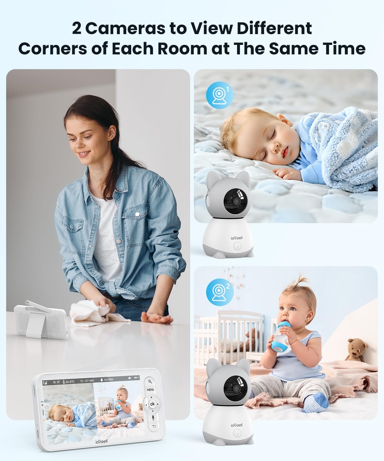 ieGeek Baby Monitor with 2 Cameras, 5" Large Screen Split-Screen Video Baby Monitor | 2K HD Non-WiFi Monitor with App & Parent Unit | Night Vision, 2-Way Audio, Cry Detection, Temperature Sensor