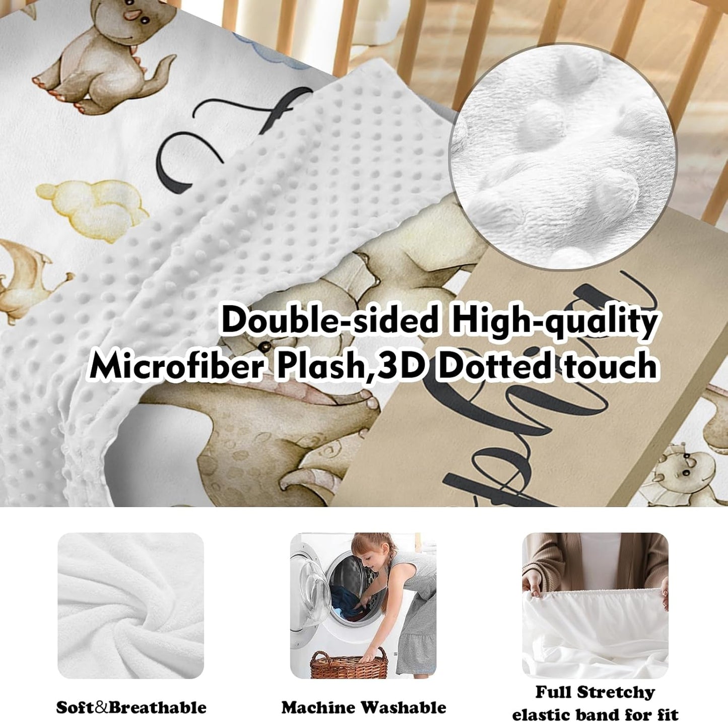 Personalized Baby Crib Bedding Set, 5-Piece Cute Dinosaur Baby Crib Sets with Custom Name, Toddler Double Layer Blanket Fitted Sheets Changing Pad Cover Rug Wall Art Set, Charming Nursery Decor