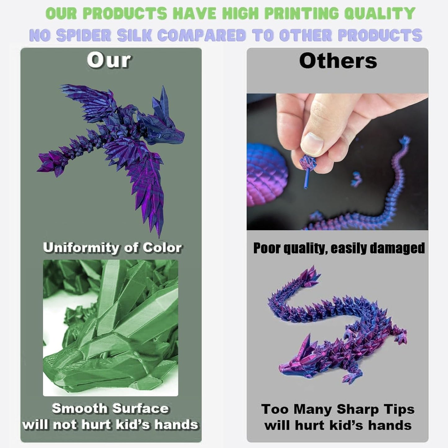 3D Printed Dragon with Wings, 2 Pack Mystery Dragon Fidget Toy, Mythical Pieces Articulated Dragon, Home Office Decor Executive Desk Toys (Purple&Green)