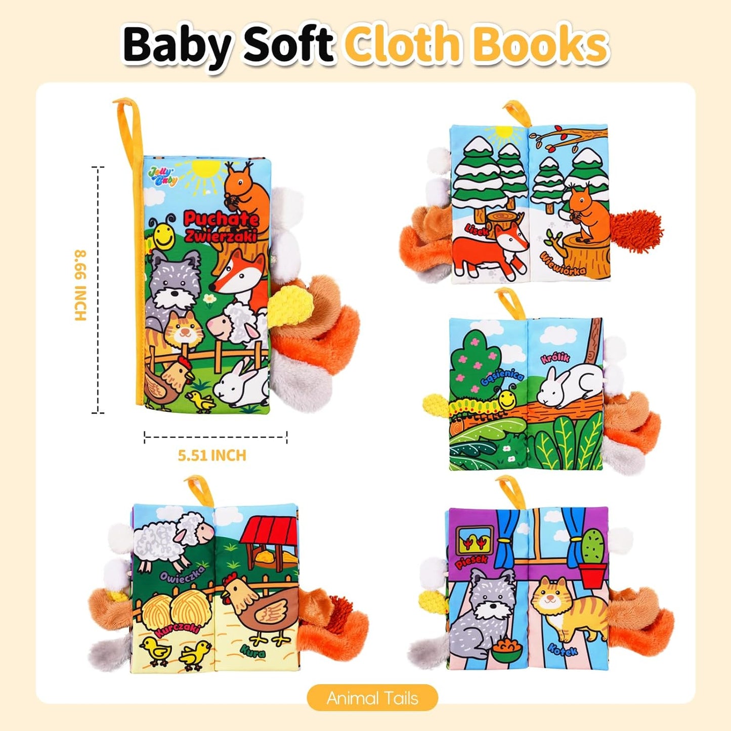Jollybaby Baby Cloth Books, Touch & Feel Crinkle Soft Books, for Infants Babies, Toddler Early Educational Interactive Stroller Toys, Baby Girl & Boy Gift(Plush Tails)