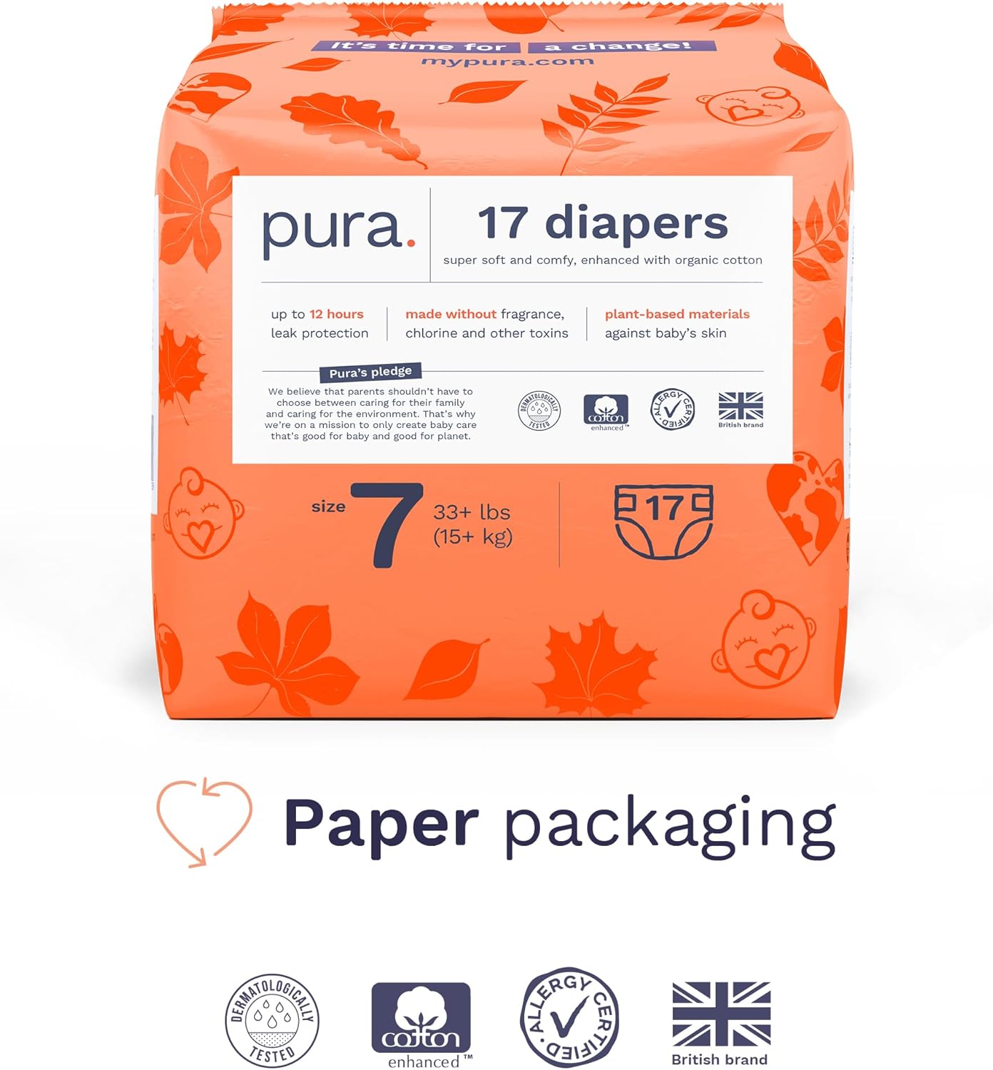 Pura Size 7 Eco-Friendly Diapers (33+lbs) Hypoallergenic, TCF, Soft Organic Cotton, Sustainable, up to 12 Hours Leak Protection, Allergy UK, Recyclable Paper Packaging, 6 Packs of 17 (102 Diapers)