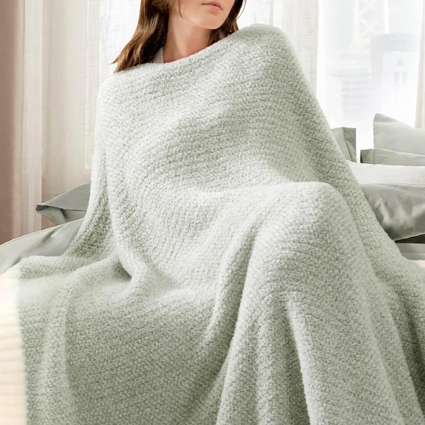 Snuggle Sac Heather Sage Green Throw Blanket for Couch, Reversible Super Soft Knitted Blankets Warm Cozy Fuzzy Throws for Sofa, Bed, Camping, Sage Green, 50x60 inches