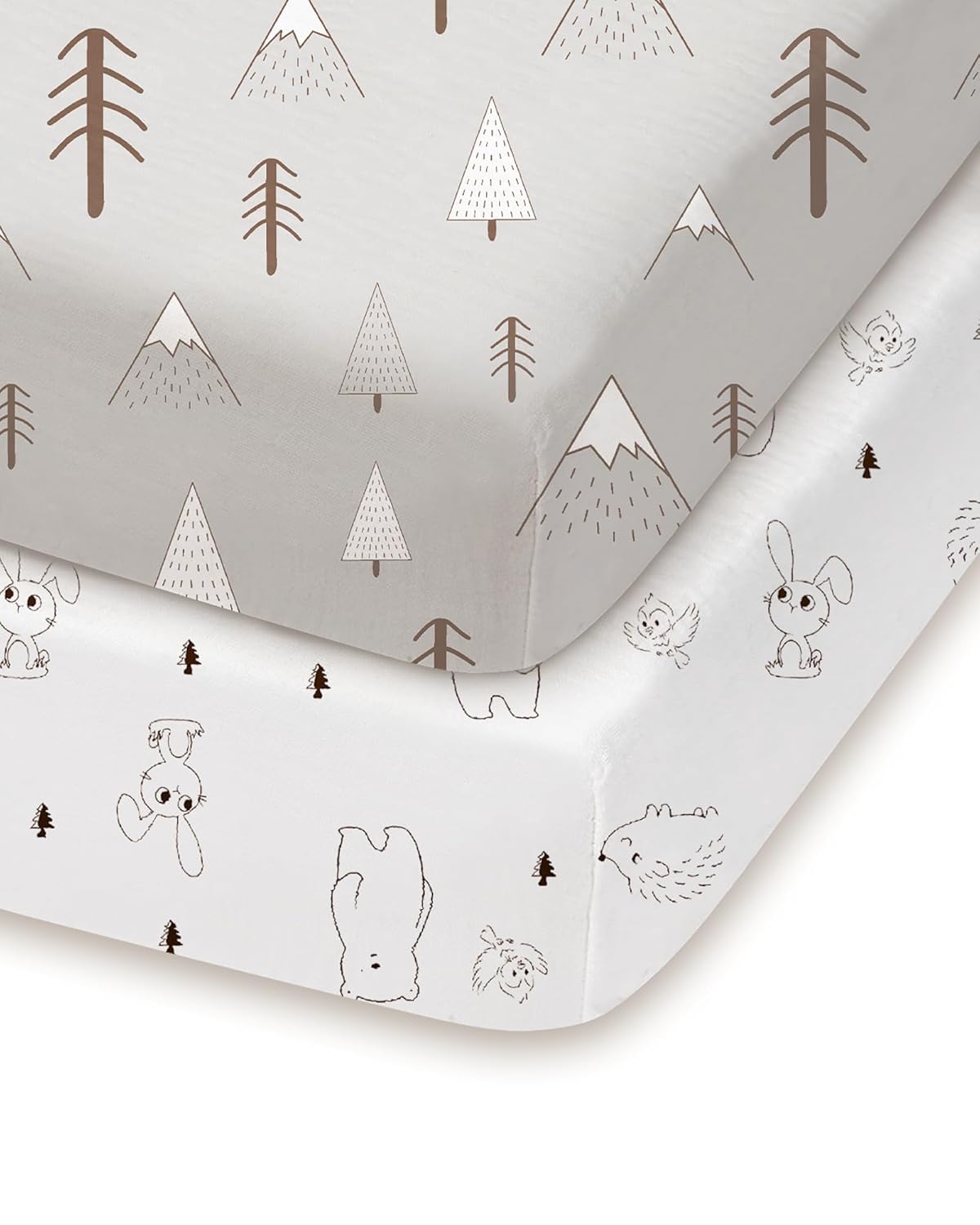 Pack and Play Sheets Fitted, Grey Woodland Animal Design, Ultra Soft, Hypoallergenic, 2 Pack for Baby Boys