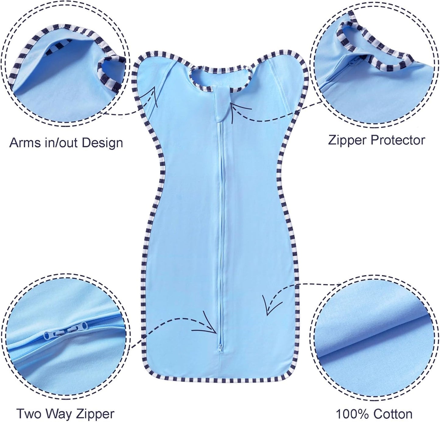 Transition Swaddle, 2 Pack 100% Cotton Baby Sleep Sack, 2-Way Zipper Infant Arm Up Swaddle for Newborn Baby Boys Girls (Khaki + Sky Blue, L(6-9 Months))