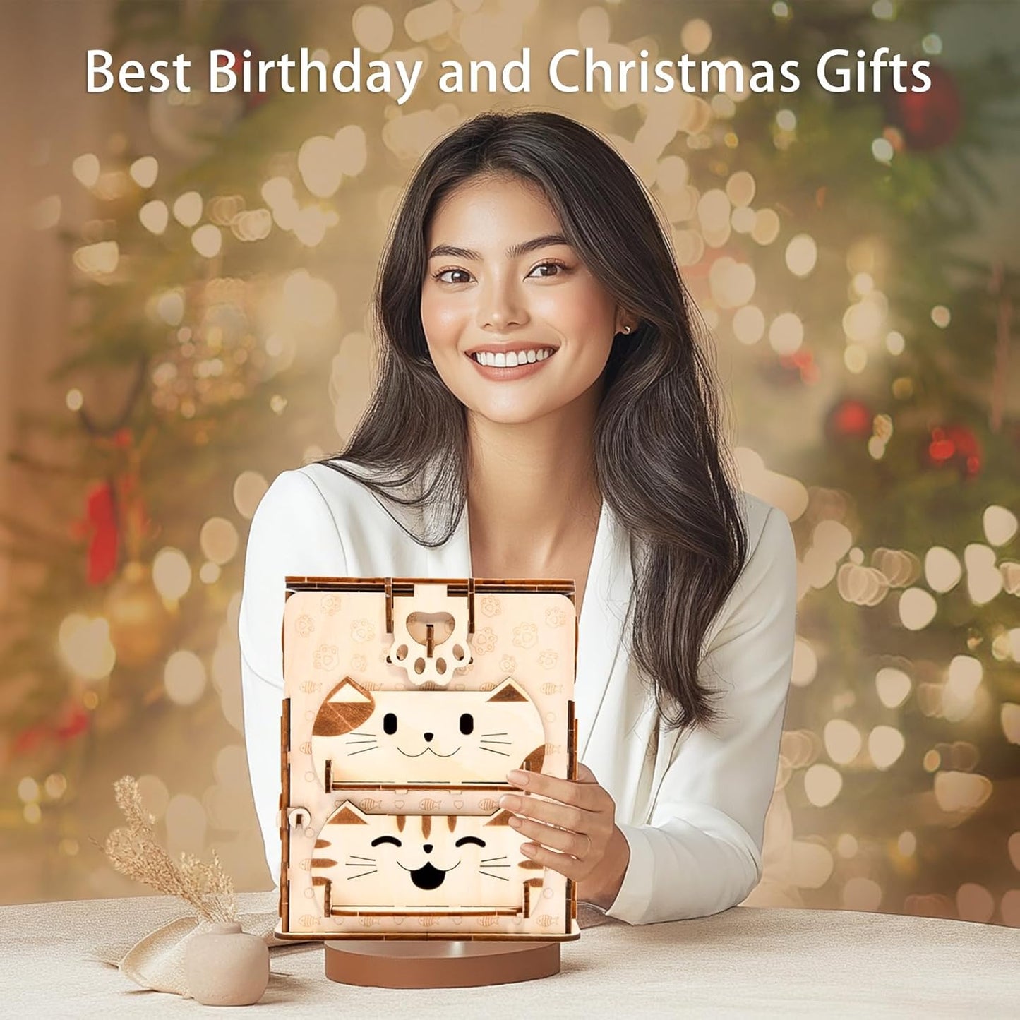 3D Wooden Puzzles for Adults: DIY Jewelry Box with Mirror, Cat Model Craft Kit, Creative Gift for Women Men Birthday Christmas Home Decor and Storage