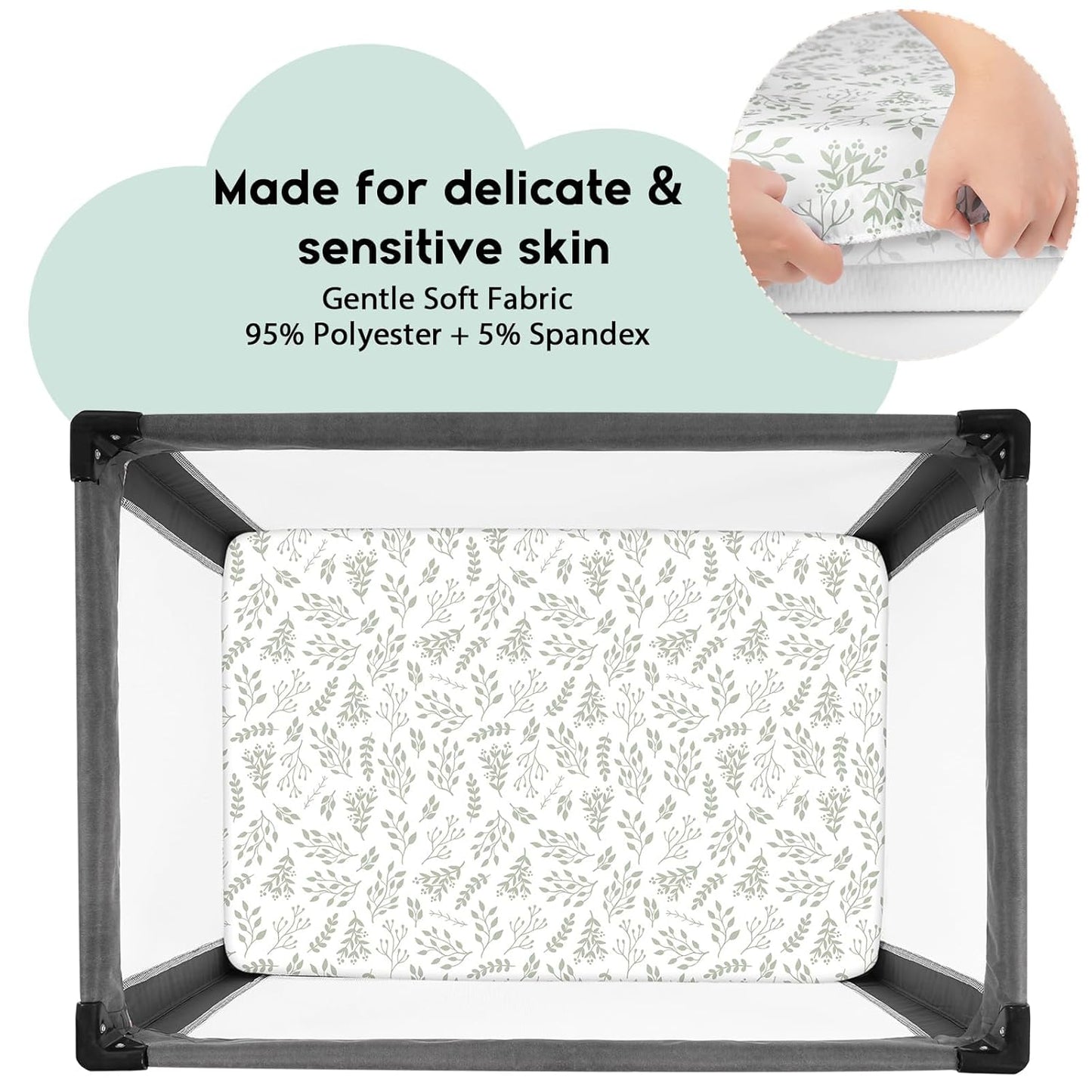 Yoofoss Pack and Play Sheets Fitted, Mini Crib Sheets 2-Pack for Pack N Play Mattress, Stretchy Playard Sheet, Soft and Breathable Green + Leaf