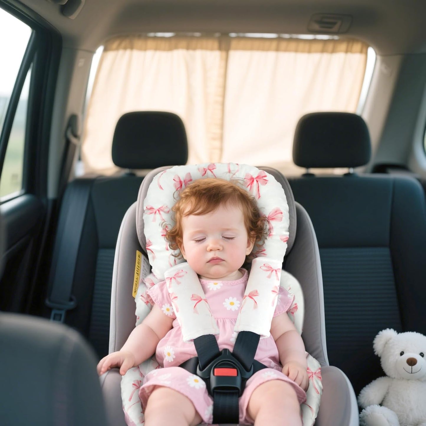 Infant Car Seat Insert Cushion, Baby Car Seat Head Body Support for Girls & Boys, Reversible Newborn Car Seat Insert with 2 Extra Strap Paddings, Premature Car Seat Cushion, Pink Bow