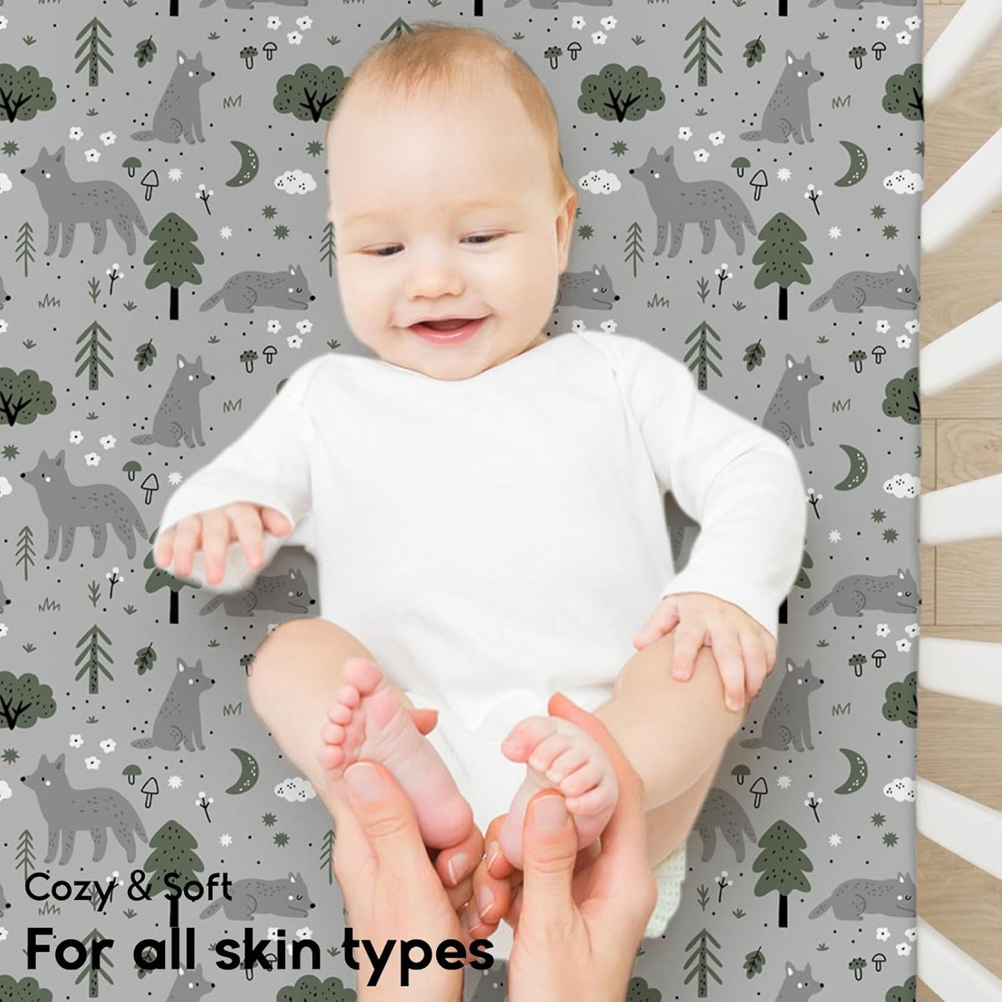 Yoofoss Pack and Play Sheets Fitted, Mini Crib Sheets 2-Pack for Pack N Play Mattress, Stretchy Playard Sheet, Soft and Breathable Gray-Green+Fox