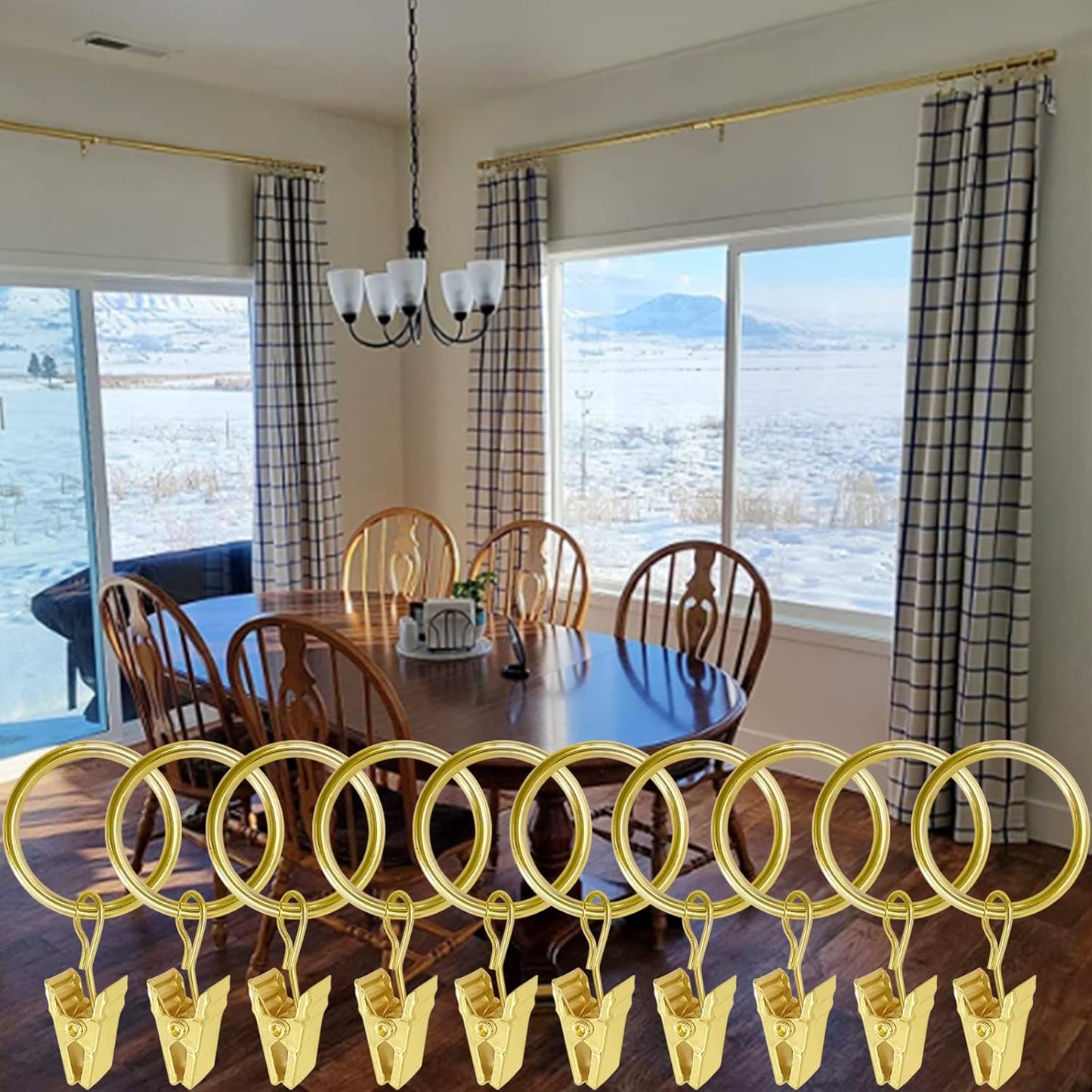 100 Pack Gold Curtain Rings with Clips, Curtain Hooks Hangers Clip Rings for Hanging Drapes Bows Hat, Drapery Rings 1 in I D, Fits up to 5/8 in Diameter Curtain Rod.