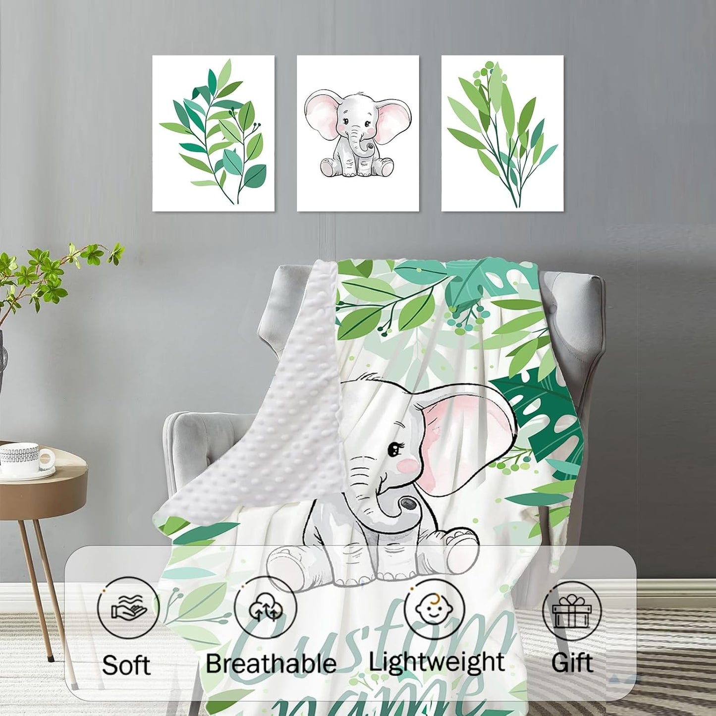 Personalized Baby Crib Bedding Set, Green Elephant Design Custom Name Baby Crib Sets 5-Pcs, Toddler Double Layer Blanket Fitted Sheets Changing Pad Cover Rug Wall Art Set, Charming Nursery Decor