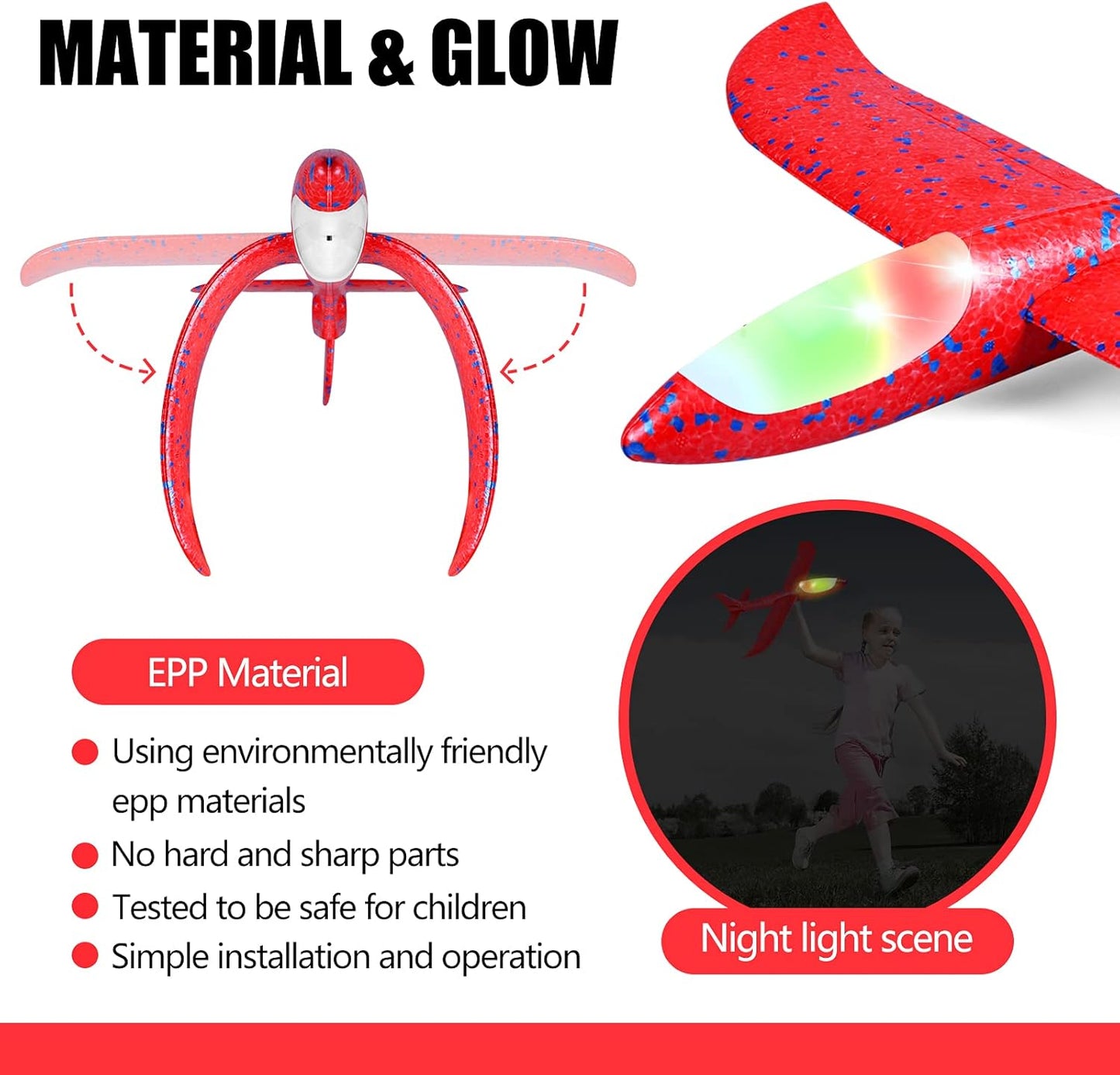 2 Pack LED Light Airplane,17.5" Large Throwing Foam Plane,2 Flight Mode Glider Plane,Flying Toy for Kids,Gifts for 3 4 5 6 7 8 9 Years Old Boy,Outdoor Sport Toys Birthday Party Favors Foam Airplane