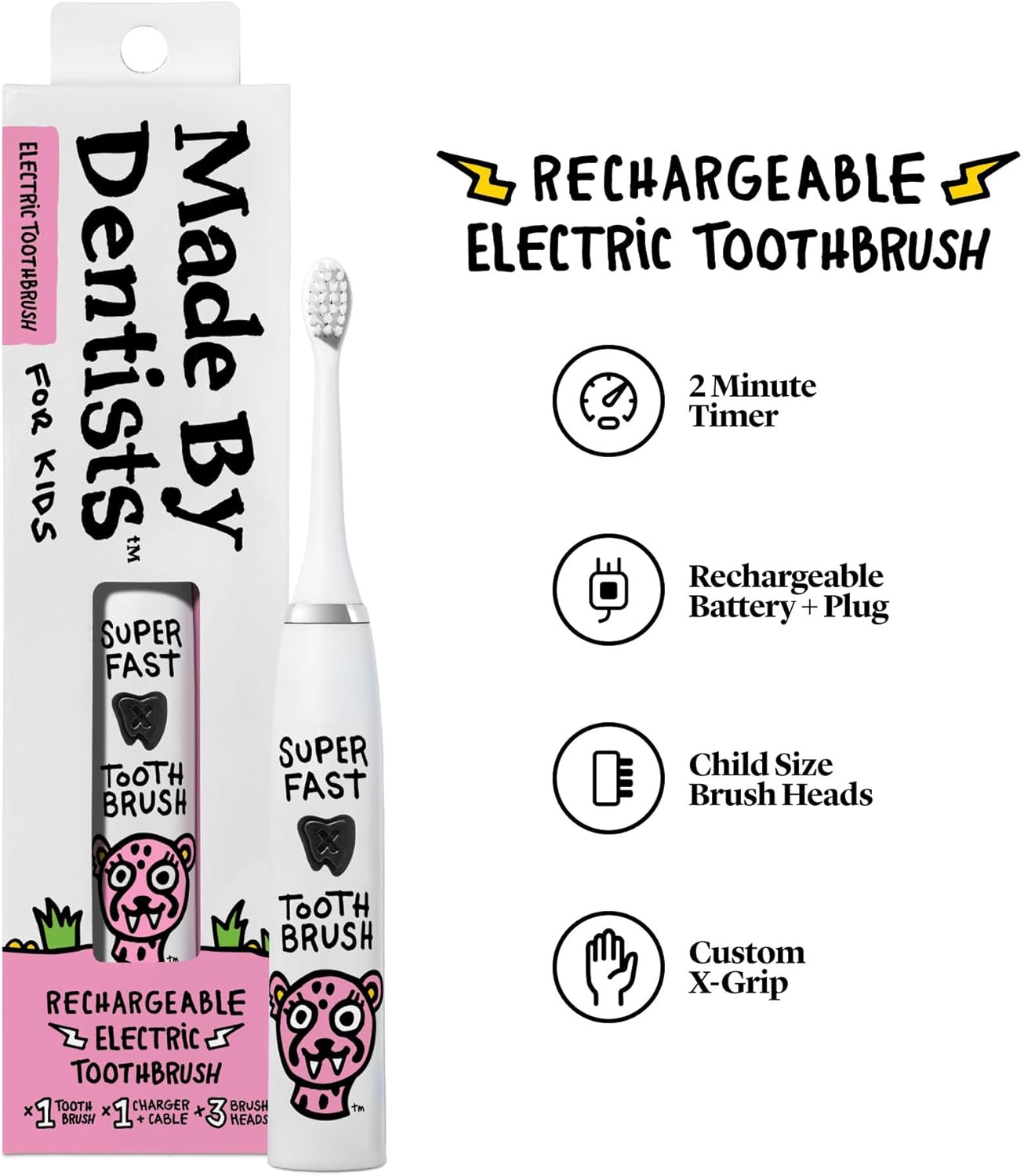 Kids Electric Toothbrush - Rechargeable Vibrating Toothbrush with Timer, Includes 6 Replacement Heads, Gently Cleans Teeth, for Girls and Boys, Kids & Toddlers Age 2+, Cheetah