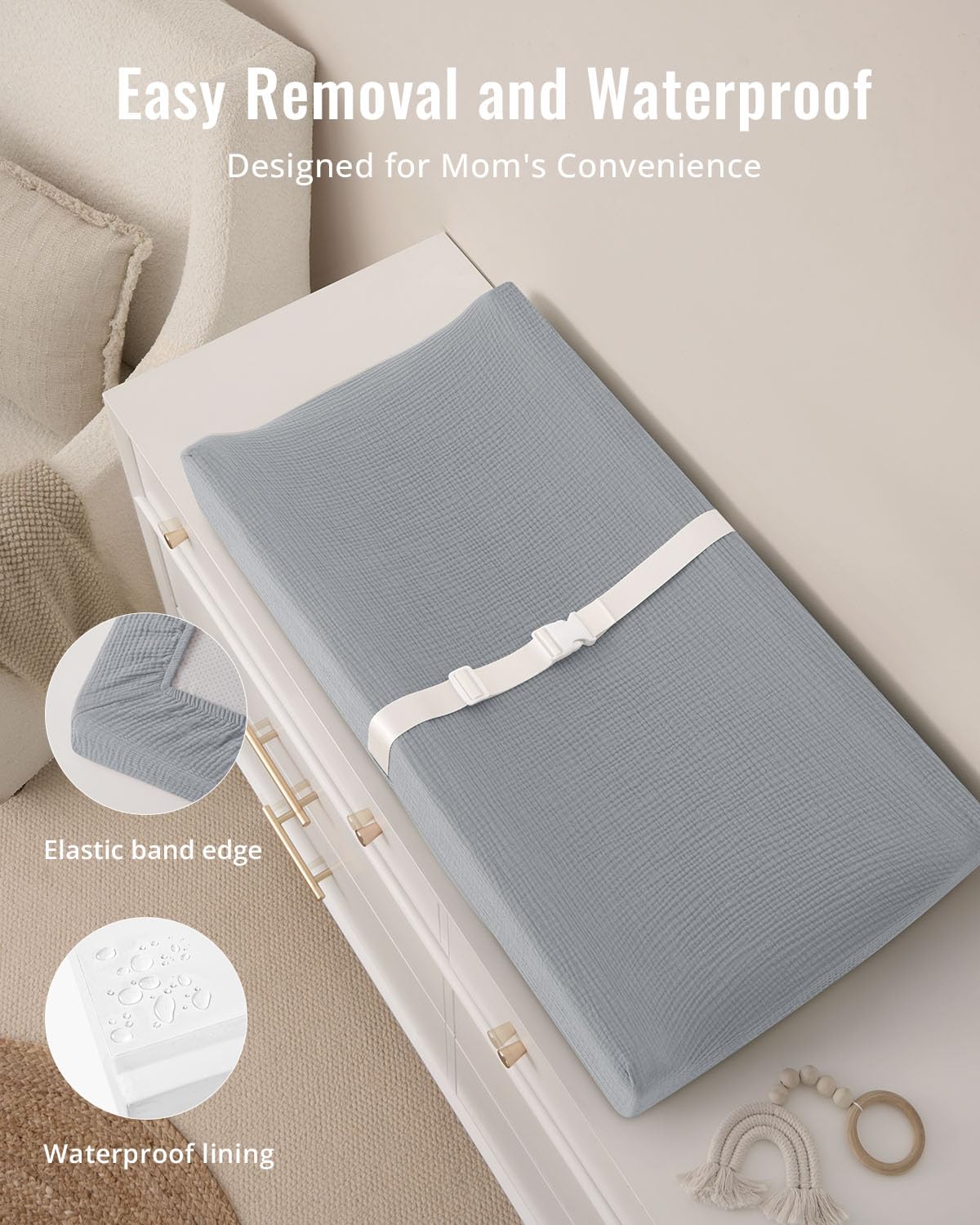 Blissful Diary Muslin Baby Changing Pad with Waterproof Lining Foam, Diaper Changing Table Pad with Cover for Dressers (Gray, Rectangular)