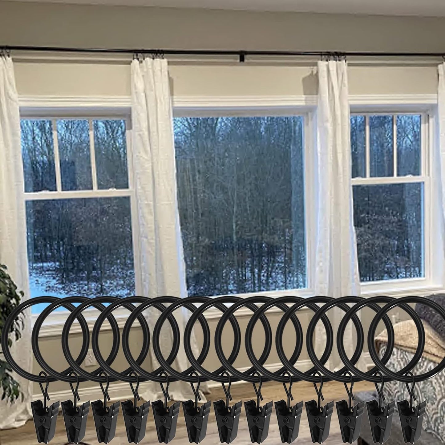 40 Pack Black Curtain Rings with Clips, Curtain Hooks Hangers Clip Rings for Hanging Drapes Bows Hat, Drapery Rings 1.5 in I D, Fits up to 1.2 in Diameter Curtain Rod.