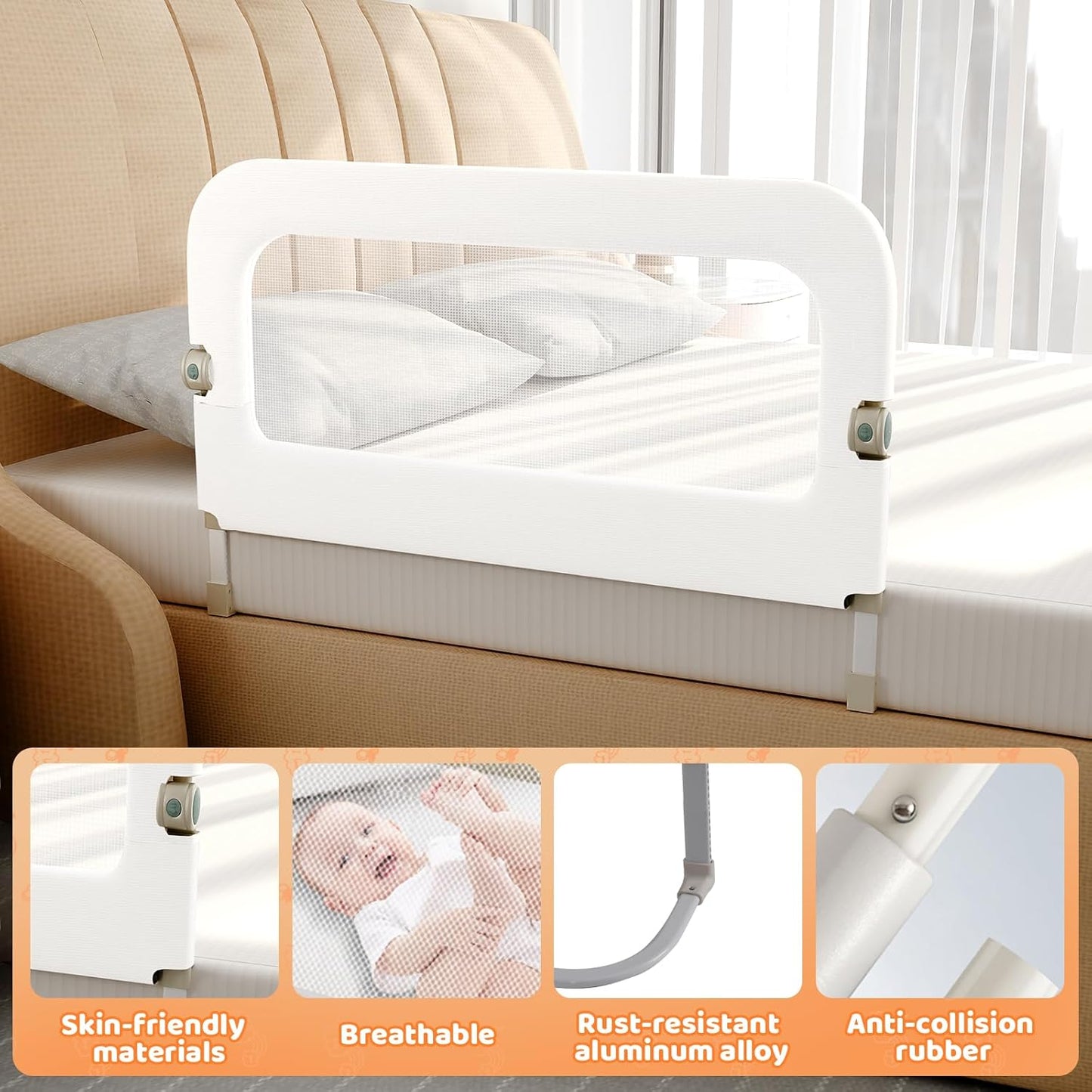 Bed Guard Rail for Toddlers - 59inch Foldable & Adjustable Height Baby Bed Safety Side Rails - Large Toddler Crib Railing Guard for Twin, Bunk, Full Size, Queen & King, Full Size Bed