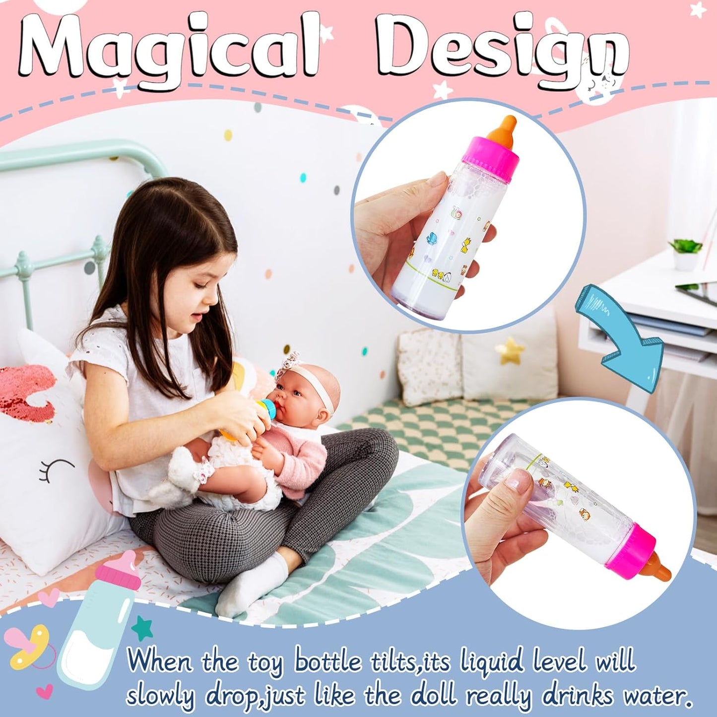12 Pcs Baby Doll Accessories Magic Bottle set,Pretend Play Feeding Toy Set with Package,Doll Feeding Set for Kids Girls,Magic Disappearing Juice Milk Bottles,Sippy Cups,Pacifiers,Bowl Spoons